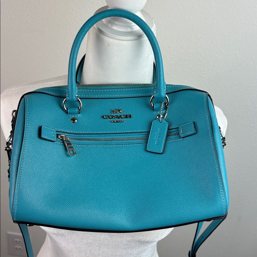 Coach: Rowan Satchel Signature Handbag Teal Viridian leather crossbody like new - Picture 5 of 12